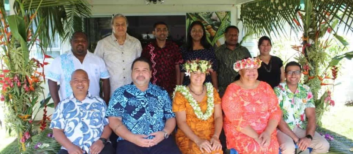 Photo caption:  Coconut Industry Development for the Pacific meeting hosted by Ministry of Agriculture, Cook Islands.  Front (L to R):  Mr Gibson Susumu (SPC), Hon. Patrick Arioka (Assoc. Minister of Agriculture), Hon. Rose Toki Brown (Minister of Agriculture), Mrs Temarama Anguna (Head of Ministry), Mr Naheed Hussein (CIDP Team Leader, SPC).  Back row (L to R):  Mr Rudolf Dora (Solomon Islands), Dr Viliami Manu (Tonga), Mr Roneel Prasad (SPC), Ms Aswin Lata (SPC), Mr Douglas Maip (PNG), Ms Iva Roberto (RMI).